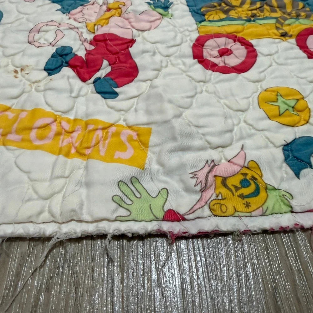 Vintage Circus Clown Baby Quilt Blanket White Multicolor 51x41 1970s 1980s
